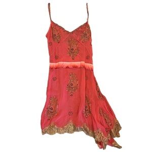 WHIMSICAL Fairycore Dress Beaded Sheer Pink Dress Lace Side Slit Flowy Sz Large